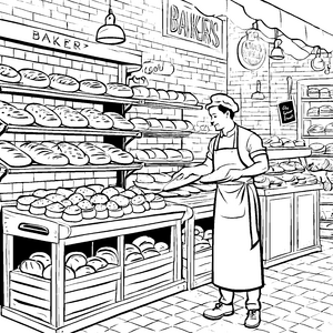 Kreativer Bäcker mit frischen Brötchen Ausmalvorlage für junge Naschkatzen
