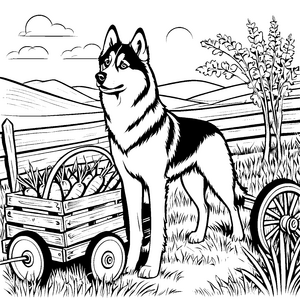 Husky-Wächter mit frischem Karottenwagen Ausmalvorlage für abenteuerliche Tierfreunde