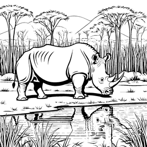 Majestätisches Nashorn am glitzernden Wasser Ausmalbild für wissbegierige Tierfreunde