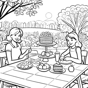 Süße Kuchenparty im Garten Ausmalmotiv für flinke Küchenchefs