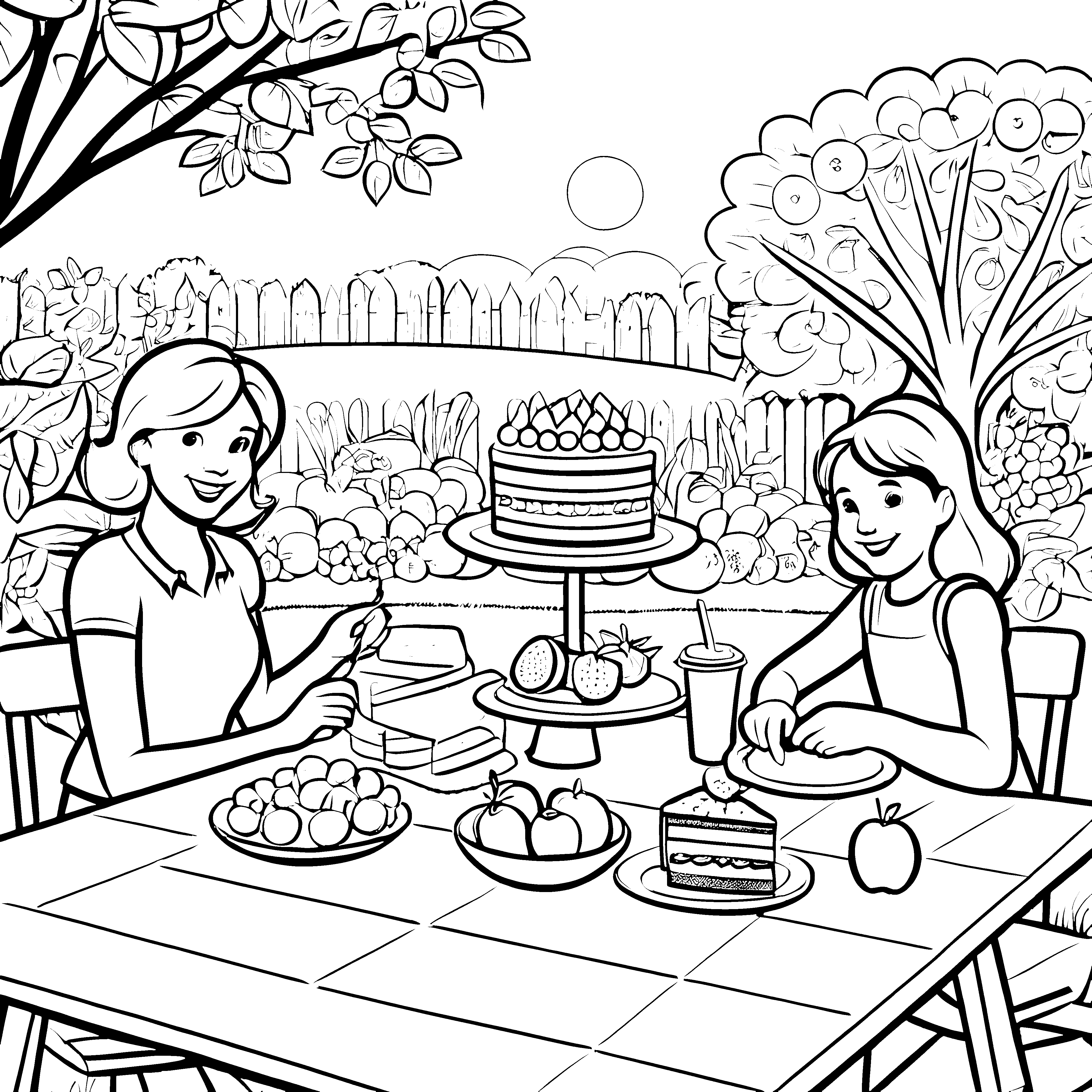 Süße Kuchenparty im Garten Ausmalmotiv für flinke Küchenchefs