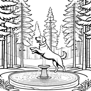Lebhafter Golden Retriever im sprudelnden Brunnen Ausmalmotiv für tierische Abenteurer