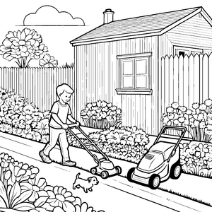 Kreativer Rasenpflege mit fröhlichem Hund Malvorlage für junge Gartenabenteurer