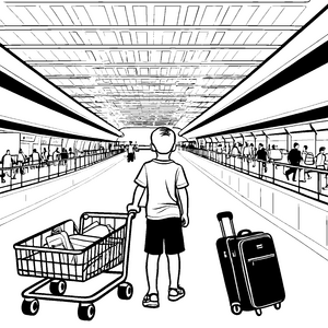 Aufregender Flughafen mit neugierigem Kind Ausmalbild für kleine Reisefreunde