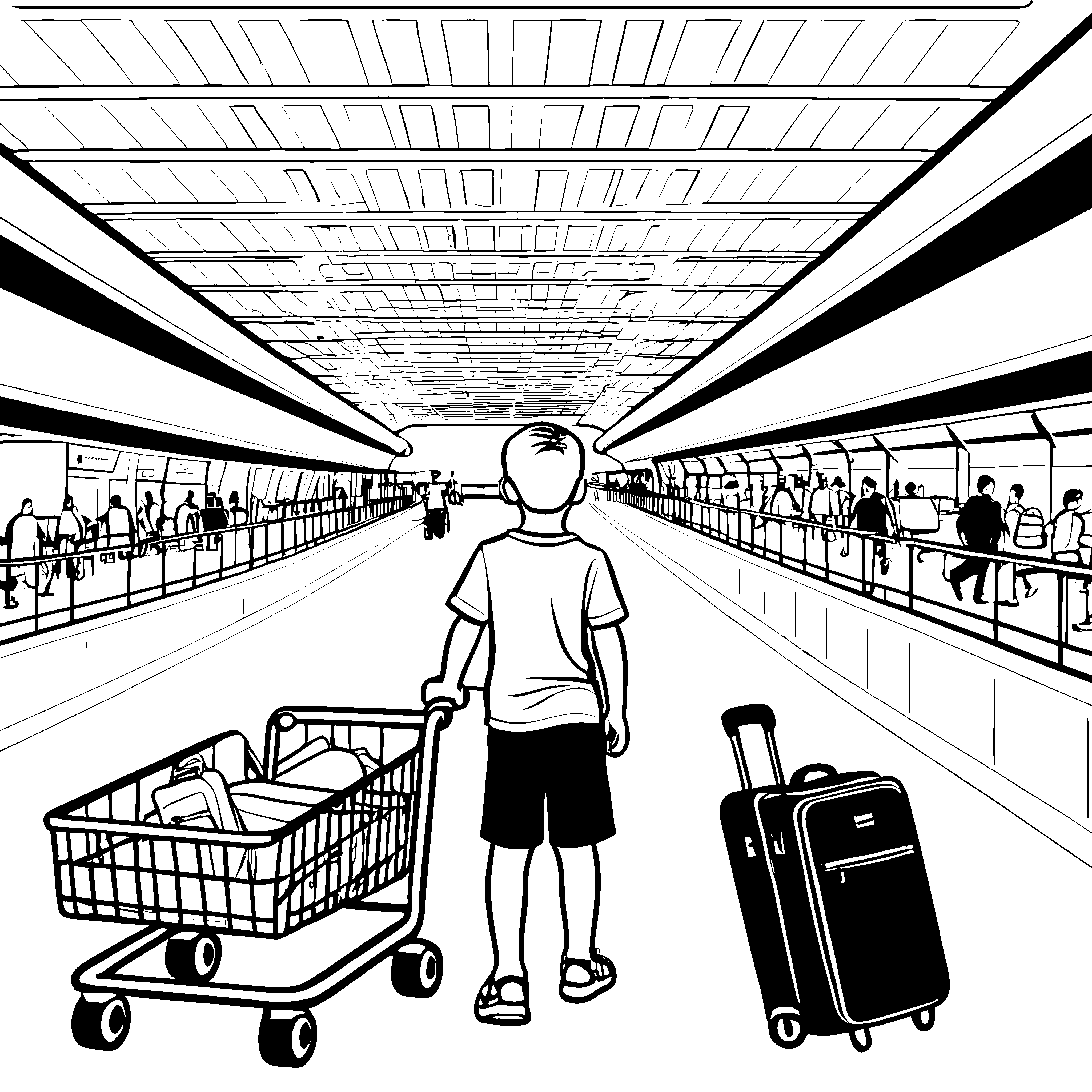Aufregender Flughafen mit neugierigem Kind Ausmalbild für kleine Reisefreunde