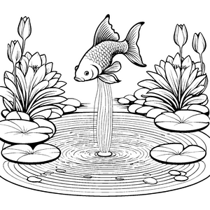Spritziger Goldfisch über leuchtenden Seerosen Ausmalbild für kleine Wasserfreunde