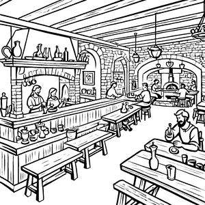 Lebhafte Taverne mit fröhlichen Gästen Ausmalvorlage für kleine Entdecker