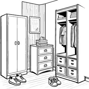 Funktionaler Garderobenschrank mit bunten Fächern Ausmalvorlage für kleine Ordnungskünstler