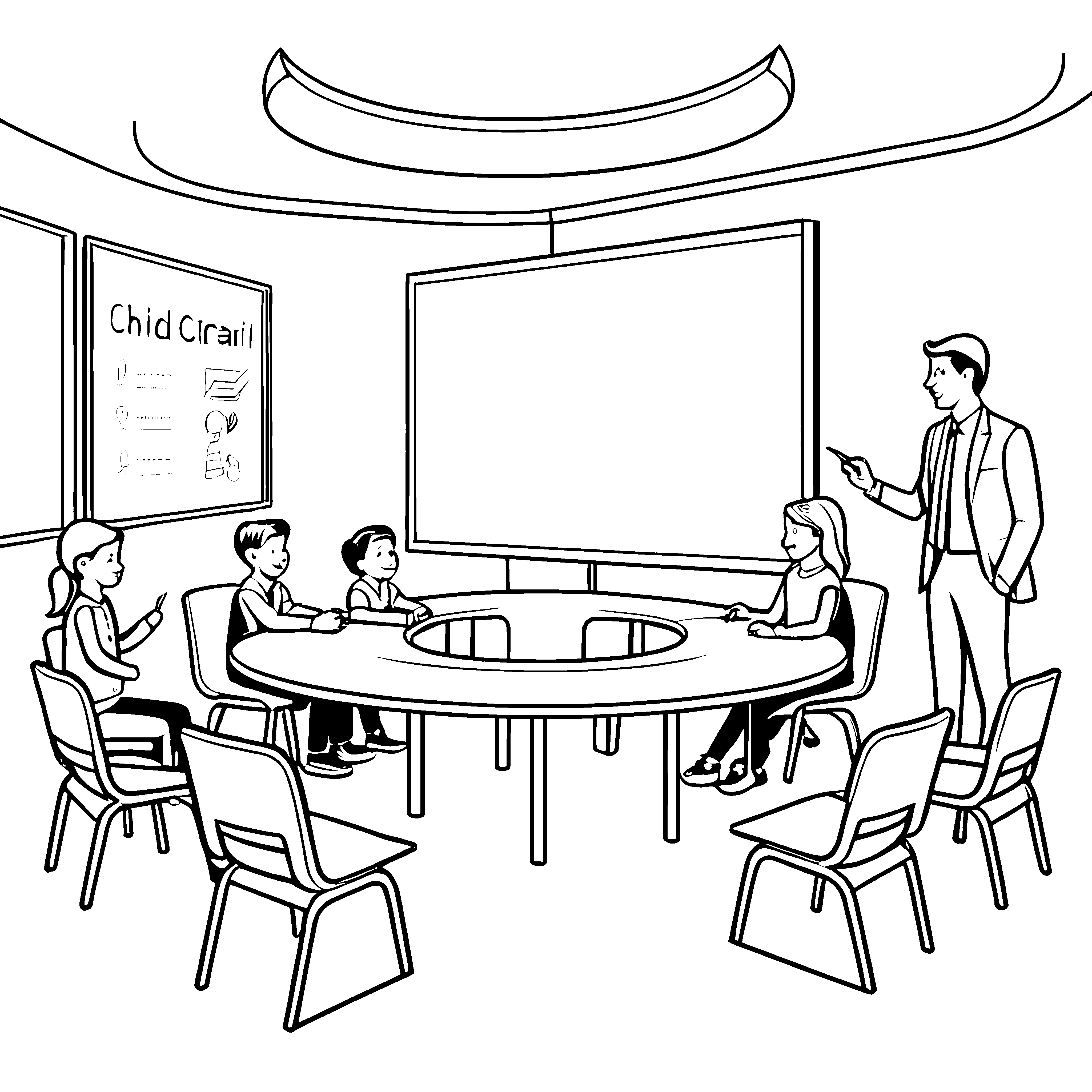 Kreative Konferenzstühle im modernen Besprechungsraum Ausmalbild für junge Denker