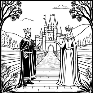 Majestätisches Königs- und Königinnenpaar vor prächtiger Burg Malvorlage für träumerische Fantasiefreunde