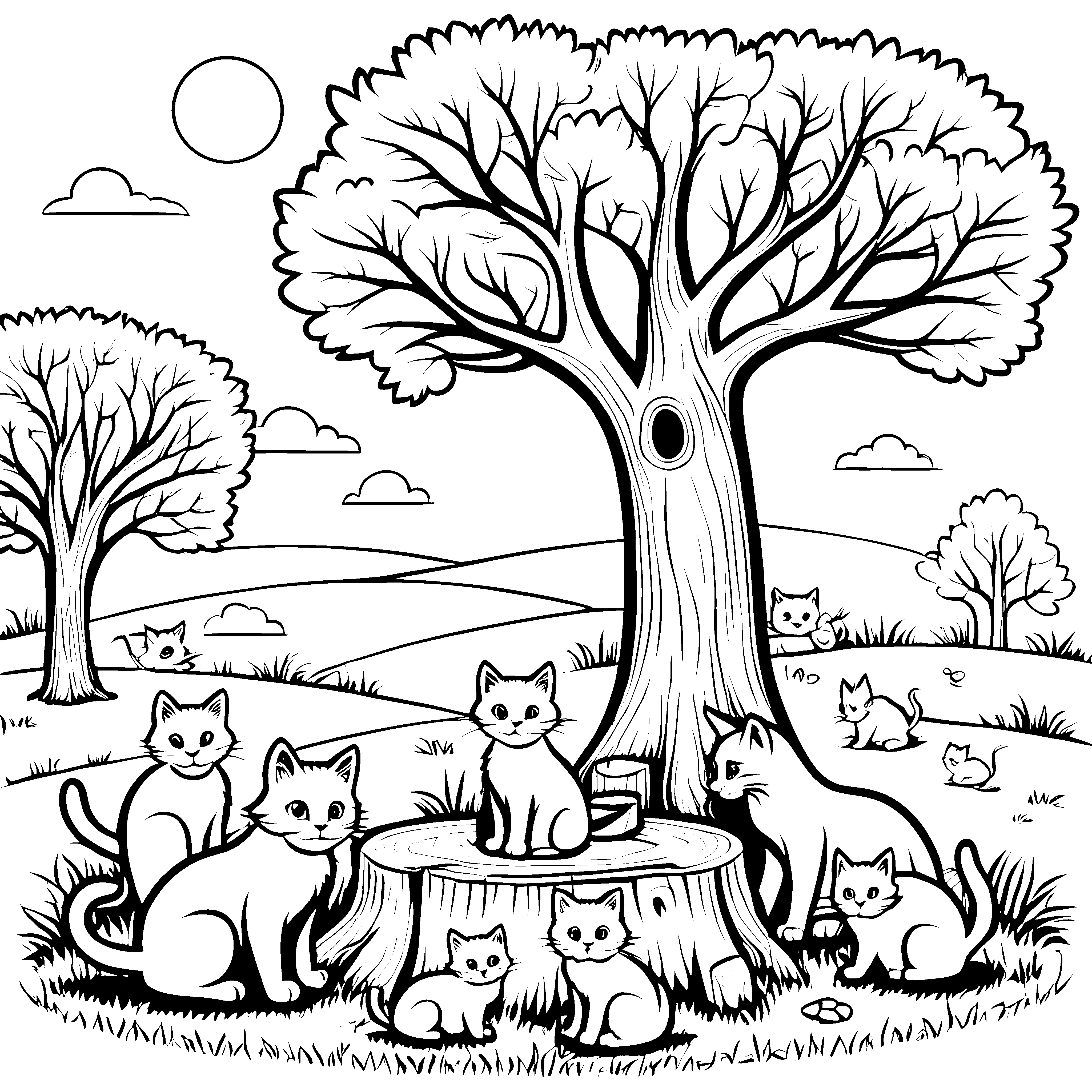 Verspielte Katzenfamilie unter einem alten Baum Ausmalbild für kreative Tierliebhaber