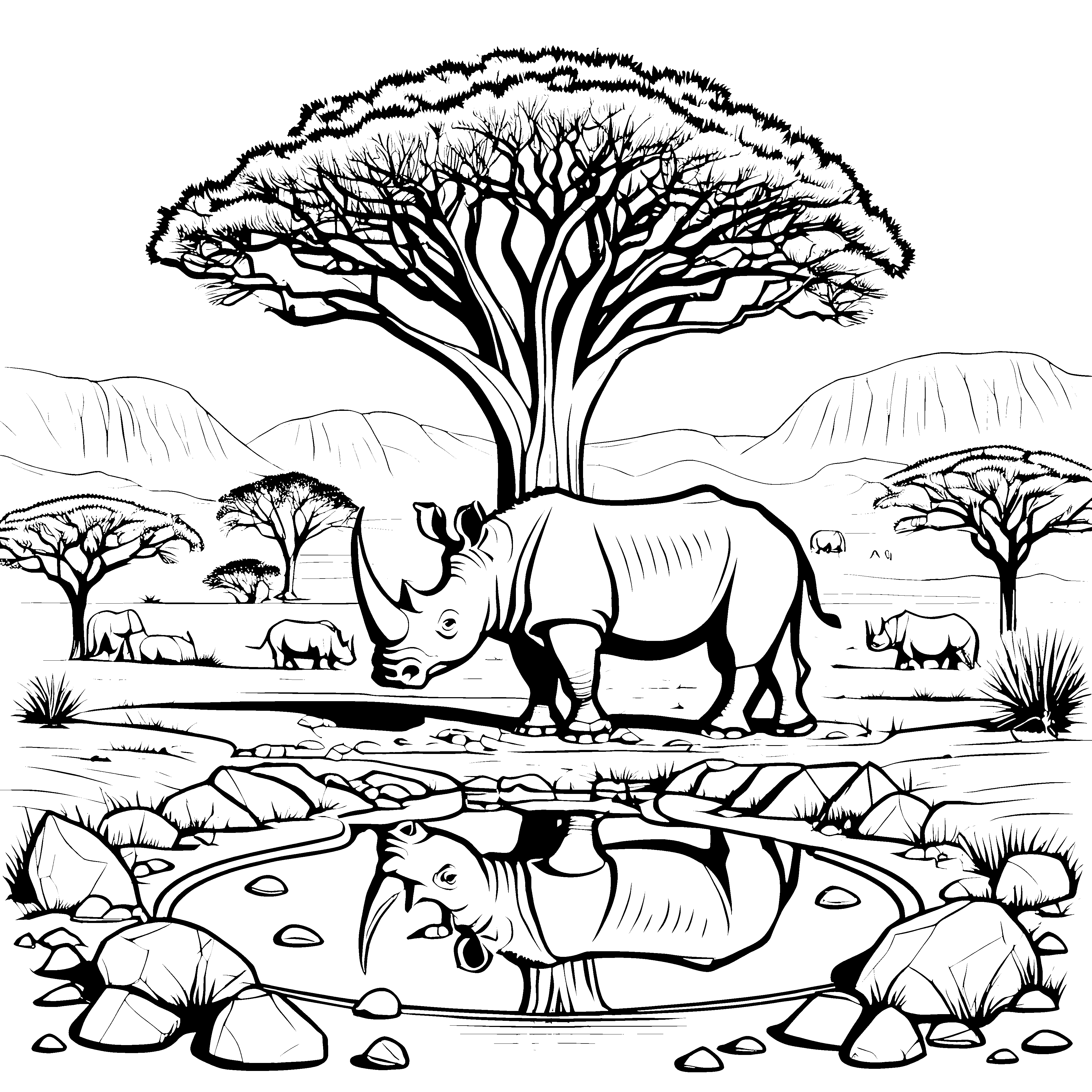 Majestätisches Nashorn am schimmernden Wasserloch Ausmalvorlage für mutige Naturentdecker