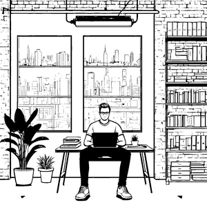 Kreativer Softwareentwickler in modernem Büro Ausmalbild für neugierige Technikfans