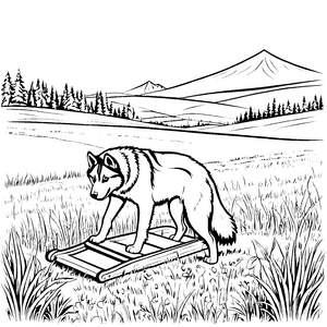 Abenteuerlicher Husky auf der spannenden Holzplattform Ausmalbild für mutige Tierentdecker