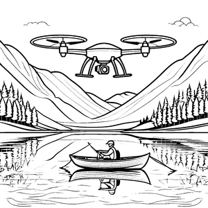 Drohnen-Flug über glitzerndem See Ausmalbild für abenteuerliche Entdecker