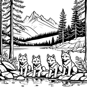 Wolfsbabys am glitzernden See Ausmalmotiv für abenteuerlustige Entdecker
