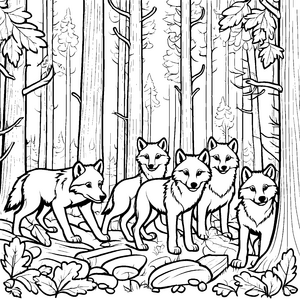 Neugierige Wolfsbabys im geheimnisvollen Wald Ausmalbild für abenteuerliche Tierentdecker