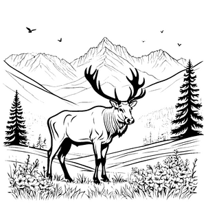 Majestätischer Riesenhirsch in den Bergen Ausmalbild für abenteuerliche Naturfreunde