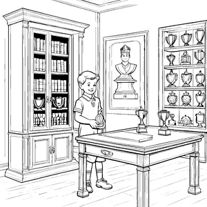Glänzende Trophäen im stolzen Vitrinenschrank Ausmalbild für ehrgeizige Gewinner