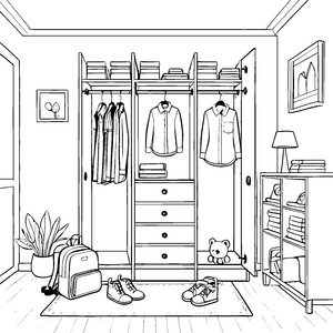 Kreativer Garderobenschrank mit bunten Kleidungsstücken Ausmalvorlage für fantasievolle Ordnungslieber