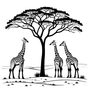 Drei elegante Giraffen unter grünem Baum Ausmalvorlage für neugierige Tierliebhaber
