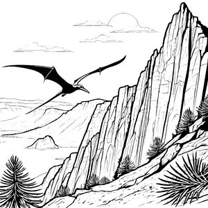 Fliegender Pteranodon über beeindruckender Berglandschaft Ausmalvorlage für abenteuerliche Entdecker