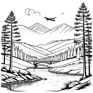 Abenteuerliches Flugzeug über malerischer Berglandschaft Ausmalmotiv für neugierige Entdecker