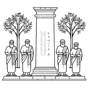 Weise griechische Philosophen vor beeindruckendem Säulenbaum Ausmalmotiv für nachdenkliche Entdecker