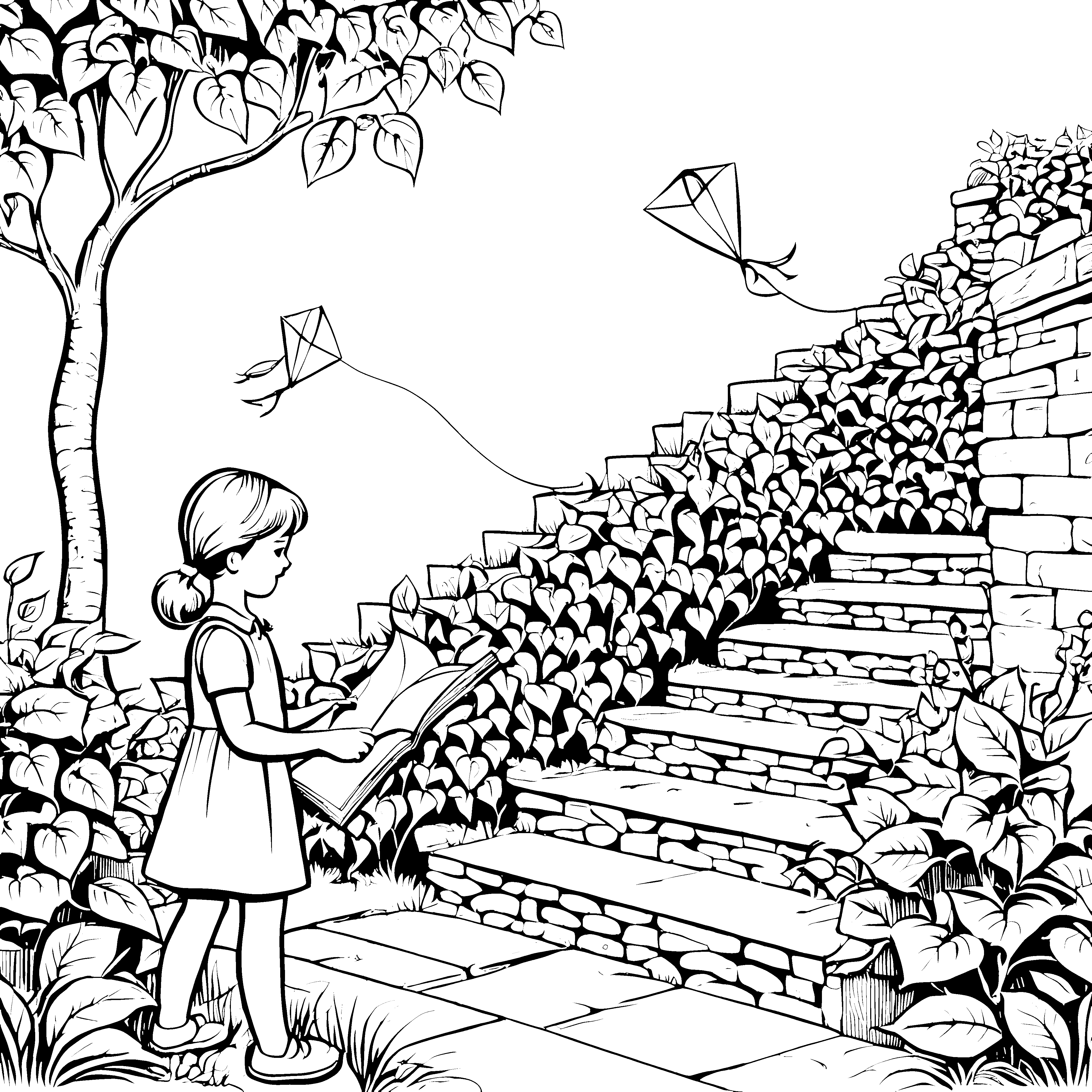 Efeu-bewachsene Treppe mit fliegenden Drachen Ausmalbild für kleine Abenteurer