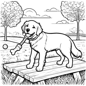 Verspielter Retriever mit buntem Spielzeug Malvorlage für lebhafte Hundeentdecker