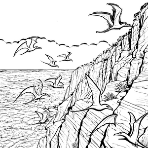Schwebende Pteranodons über eindrucksvollem Steilhang Ausmalmotiv für abenteuerlustige Entdecker
