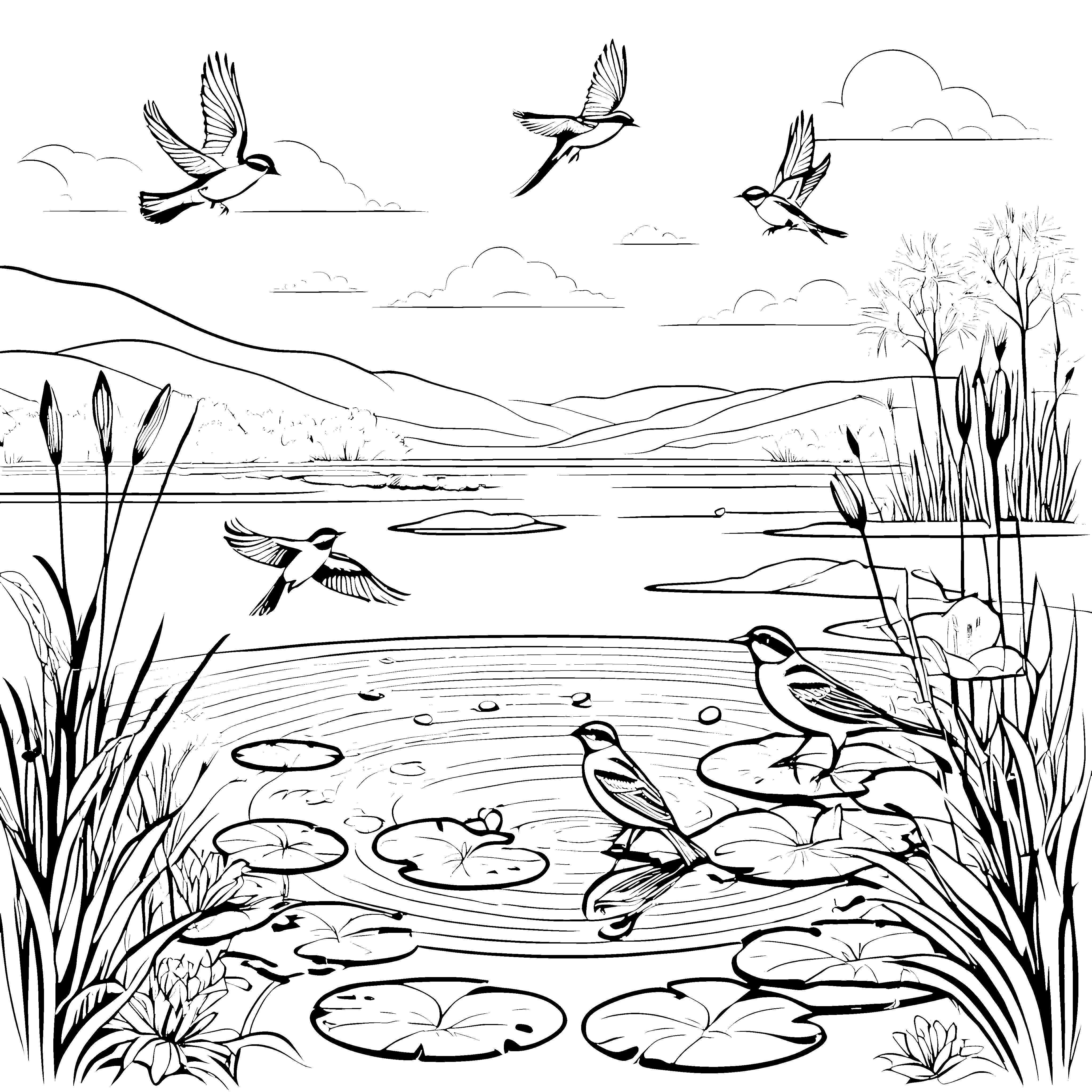 Fröhliche Vögel beim Spritzen im Wasser Ausmalbild für neugierige Wasserratten