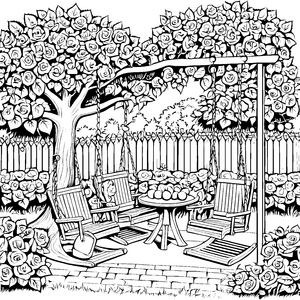Bezaubernde Schaukelstühle unter blühendem Rosenbaum Ausmalvorlage für kreative Gartenfreunde