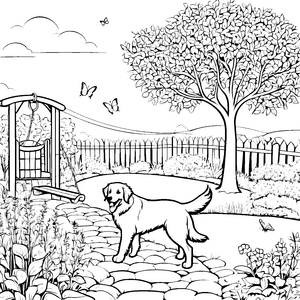 Witziger Golden Retriever im blühenden Garten Ausmalmotiv für fröhliche Entdecker