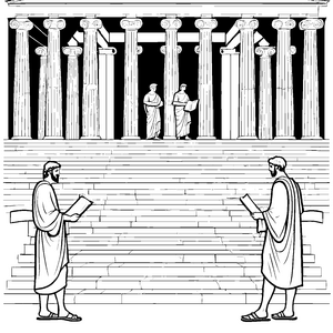 Weise Philosophen im antiken Tempel Ausmalvorlage für wissbegierige Denker