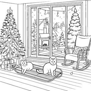 Katzenfreunde unter dem Weihnachtsbaum Ausmalbild für tierische Festtagsentdecker