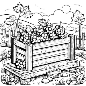 Saftige Weintrauben in der bunten Holzkiste Ausmalvorlage für kreative Fruchtliebhaber