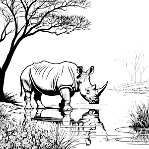Süßes Nashorn am ruhigen Wasser Malvorlage für neugierige Naturentdecker