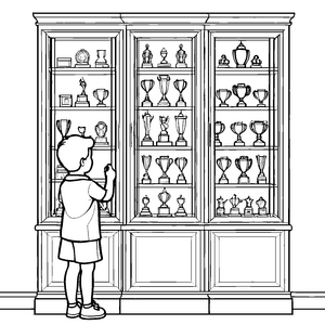 Leuchtende Trophäen im glänzenden Schrank Ausmalbild für kleine Champions