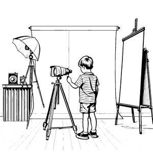 Spannendes Fotostudio mit Kamera und Stativ Ausmalbild für kreative Fotofans