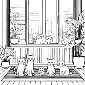 Katzenfamilie mit fröhlichen Kätzchen im Raum Ausmalbild für liebevolle Tierliebhaber