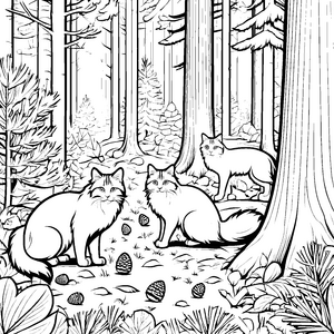 Zauberhafte norwegische Waldkatzen im grünen Wald Ausmalvorlage für tierliebe Abenteurer