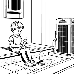 Kreatives Kind mit cooler Klimaanlage Ausmalbild für junge Entdecker voller Frische