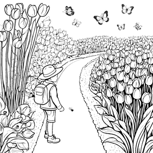 Fröhlicher Junge im Blumenfeld mit bunten Schmetterlingen Ausmalvorlage für neugierige Entdecker