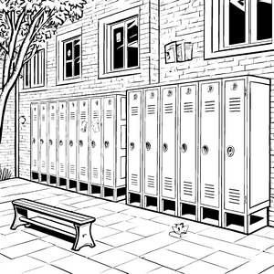 Vielseitige Schließfächer im sonnigen Pausenhof Ausmalvorlage für abenteuerlustige Schüler