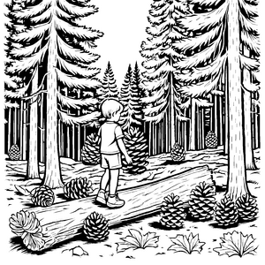 Abenteuerlicher Tannenzapfenwald mit neugierigem Kind Ausmalbild für kleine Naturfreunde