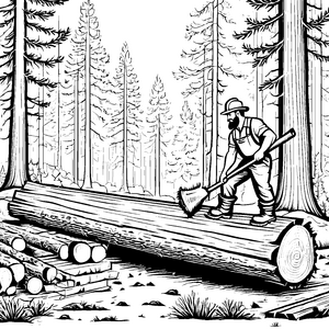 Holzfäller bei der Arbeit im bewaldeten Paradies Ausmalbild für kleine Naturfreunde