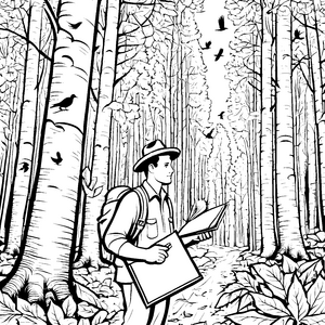 Entdeckungsreise mit Förster im tiefen Wald Ausmalvorlage für kleine Naturforscher