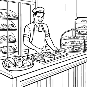 Fröhlicher Bäcker mit frisch duftenden Croissants Ausmalbild für kreative Backfreunde