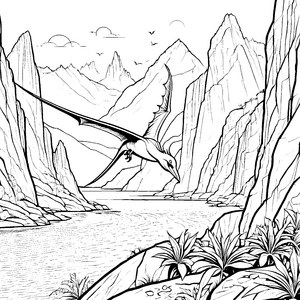 Schwebender Pteranodon über geheimnisvollem Tal Ausmalbild für junge Entdecker mit Abenteuerlust